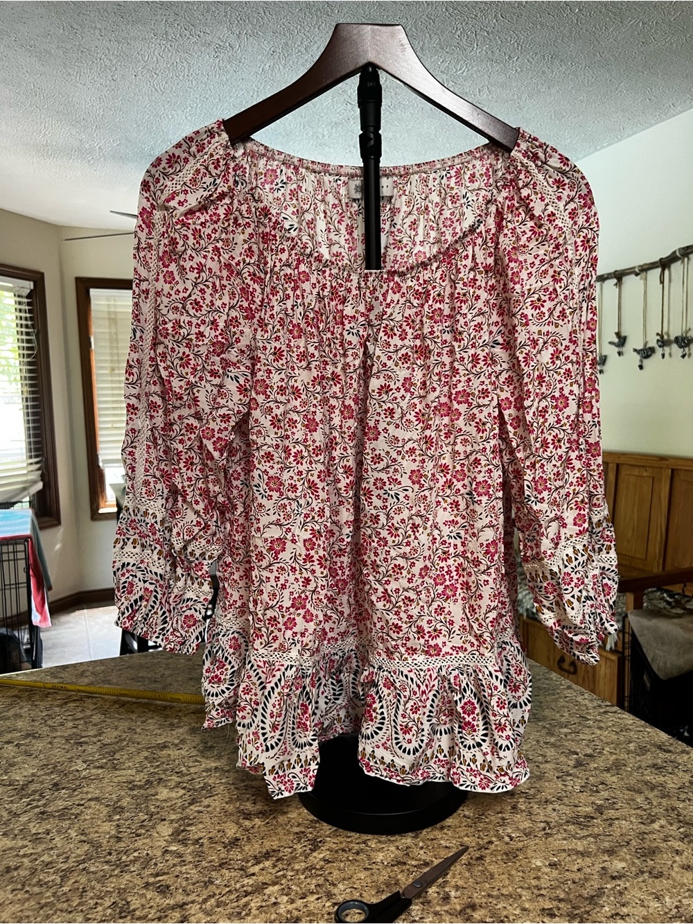 Fever Floral Boho Peasant crocheted Top in Pink and Cream